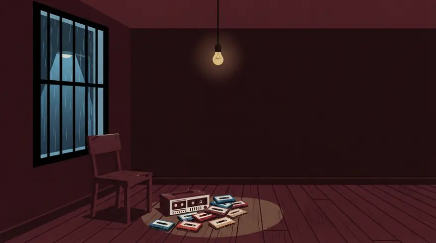 Illustration of an empty room at night: rain running down a barred window, one bare bulb, an empty chair, and a cassette player with scattered tapes on the floor.